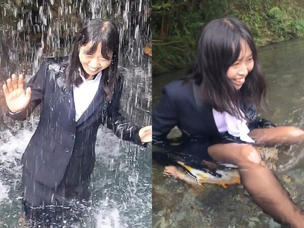スーツずぶ濡れ実況中継